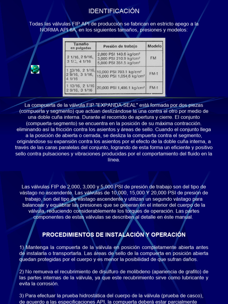 Válvulas FIP: Tipos y Mantenimiento | PDF | Rodamiento (Mecánico) | Presión