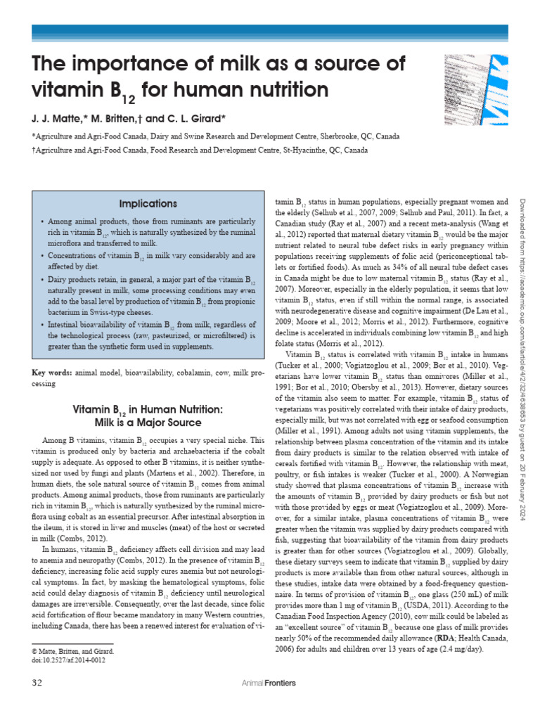 The Importance of Milk As A Source of Vitamin B12 | PDF | Vitamin B12 ...