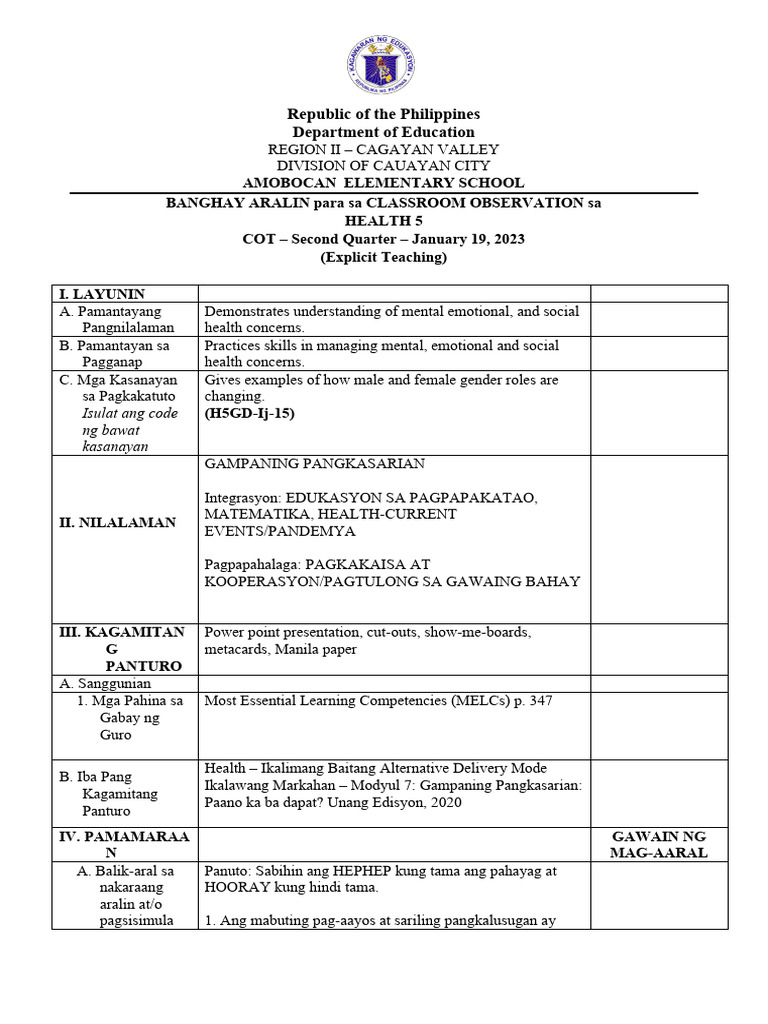 Co Lesson Plan Health 5 Quarter 2 Final 1 Pdf