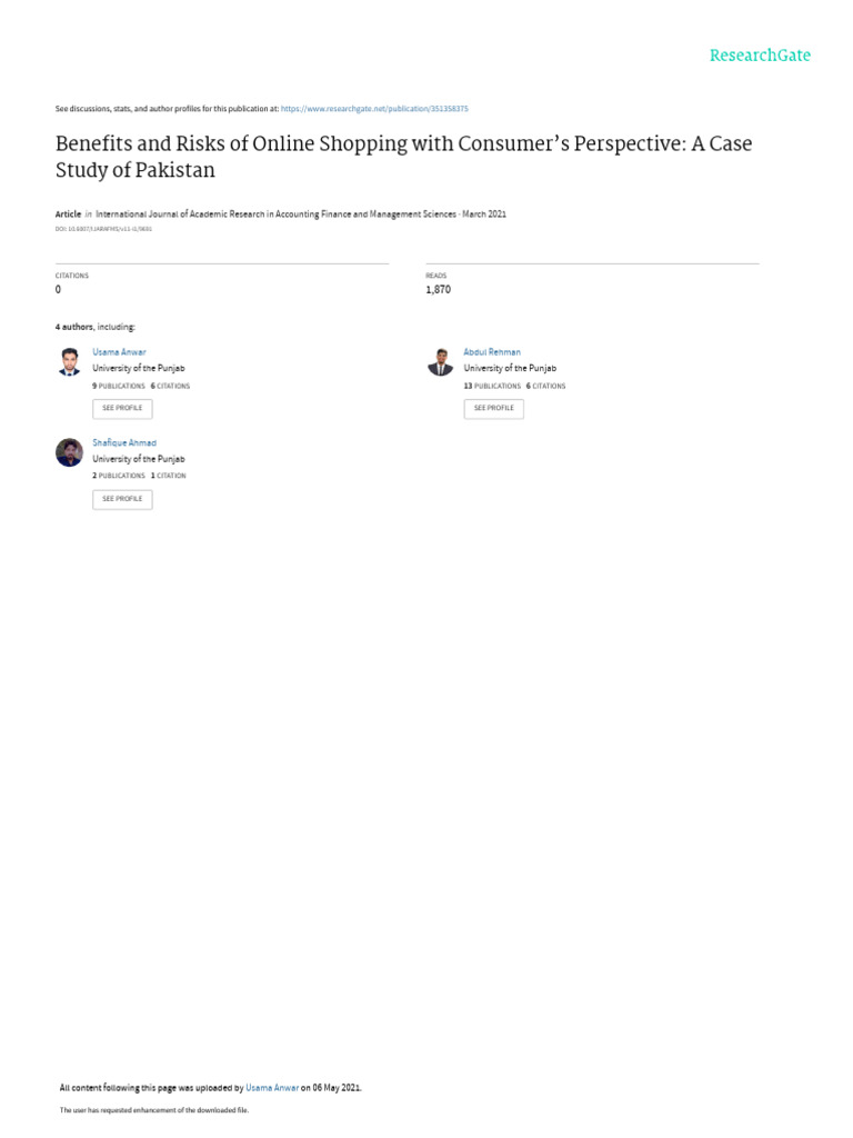 Benefits and Risks of Online Shopping With Consumers Perspective A Case ...