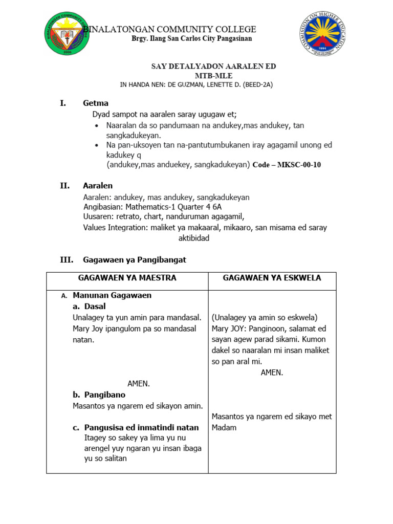 Grade 1 MTB-MLE Lesson Plan | PDF