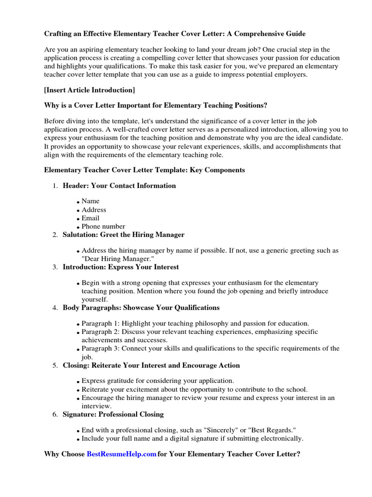 Elementary Teacher Cover Letter Template PDF Teachers Résumé