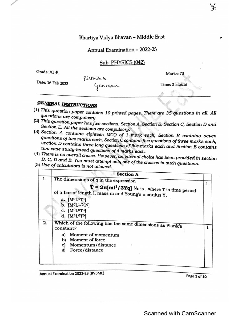 Physics Sample Paper Grade 11 | PDF
