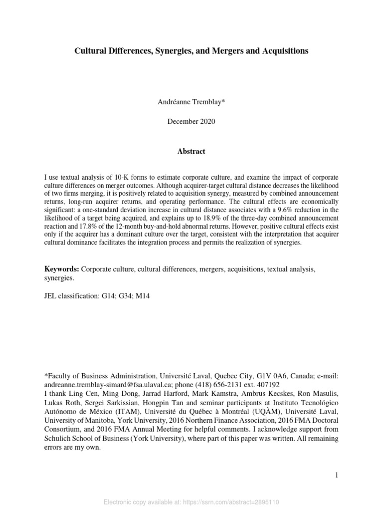 Cultural Impact on Mergers & Acquisitions | PDF | Organizational ...