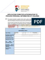 Application Form For Authorisation To Process Personal Information of Children