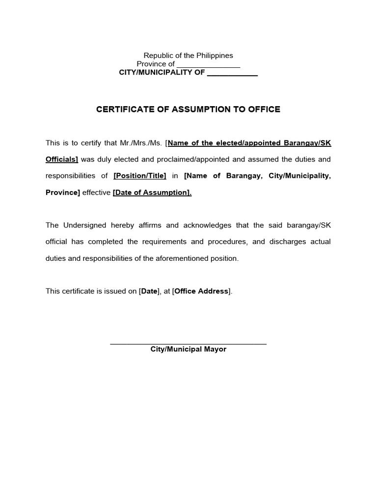 Certificate of Assumption to Office | PDF