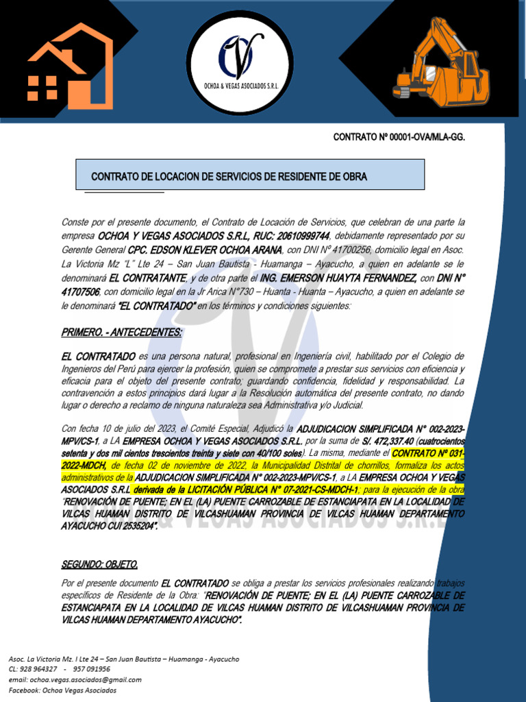 Contrato de Servicios de Residente de Obra | PDF | Daños y perjuicios ...