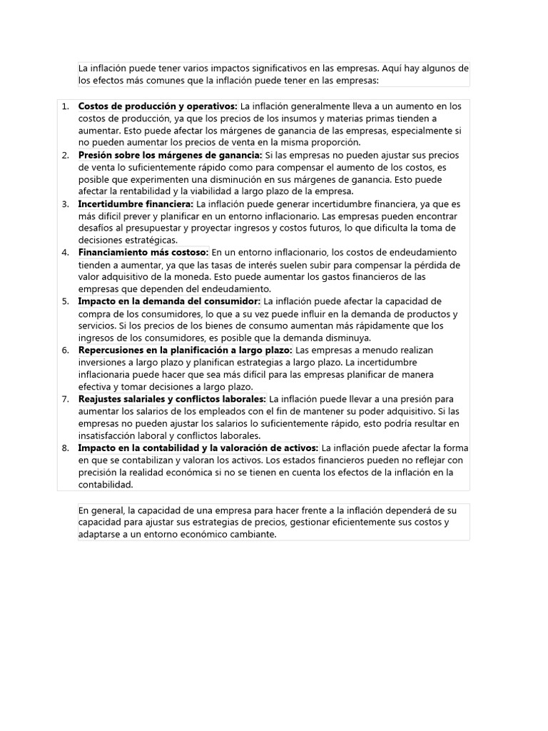 Impactos de La Inflacion en Las Empresas | PDF | Inflación | Business