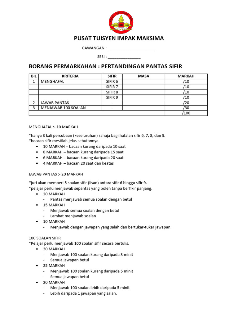 Borang Sifir Pertandingan Pdf