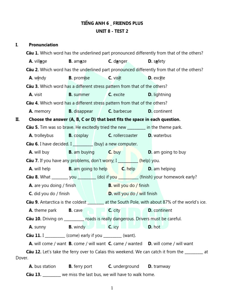 Tieng Anh 6 Friends Plus - Unit 8 - Test 2 | PDF