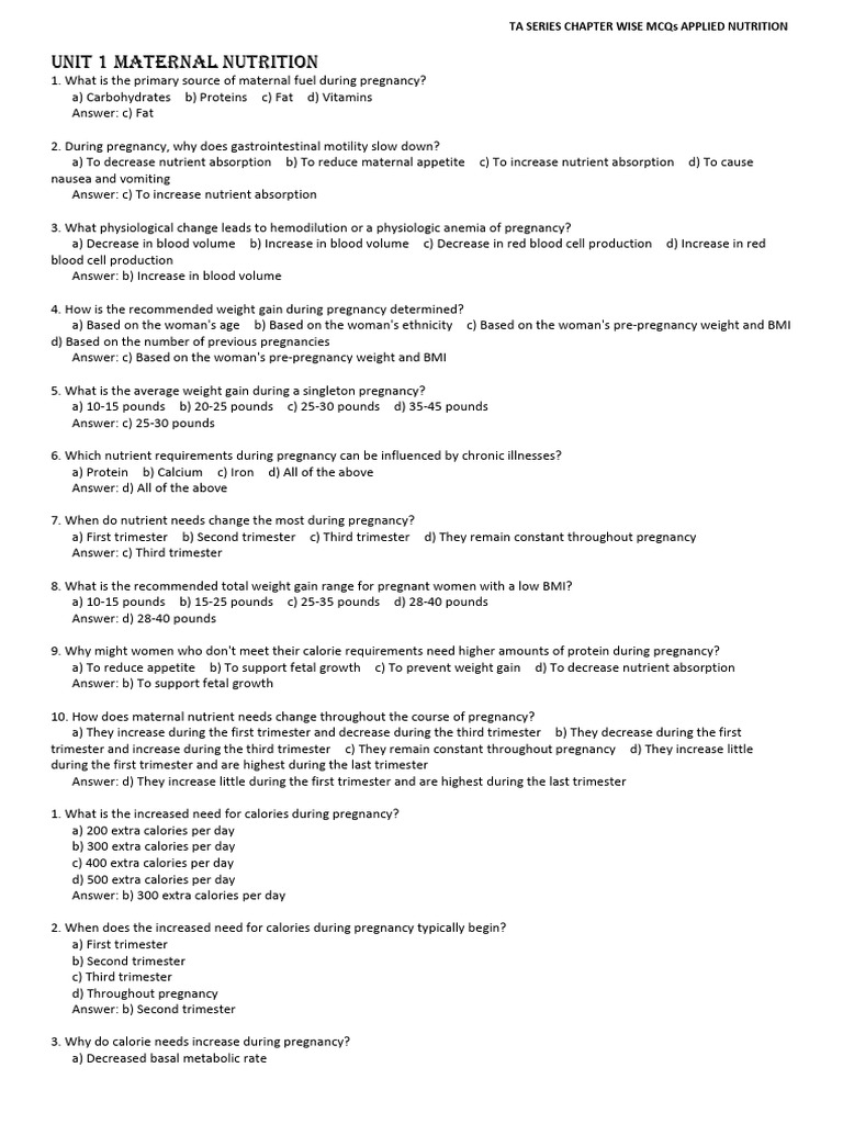 Maternal Nutrition MCQs for Pregnancy | PDF | Pregnancy | Breastfeeding