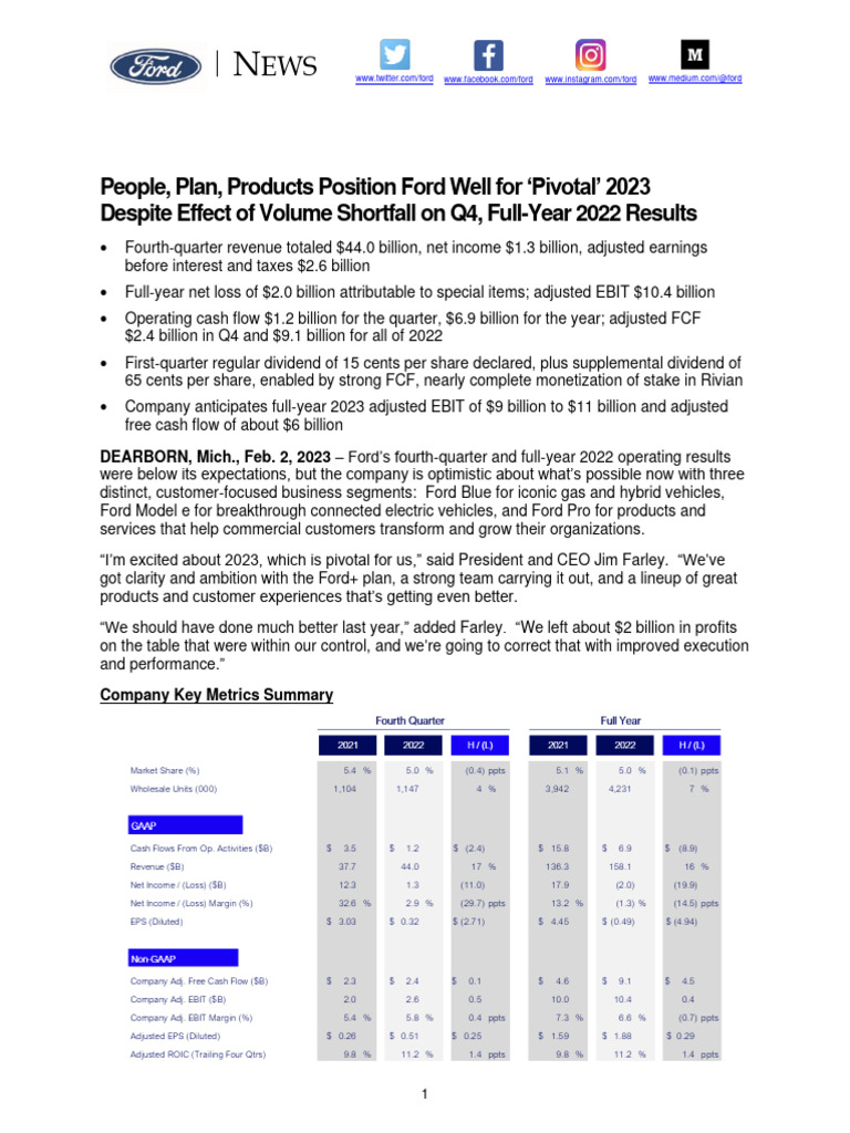 Ford's 2022 Financial Results Overview | PDF | Equity (Finance) | Ford ...