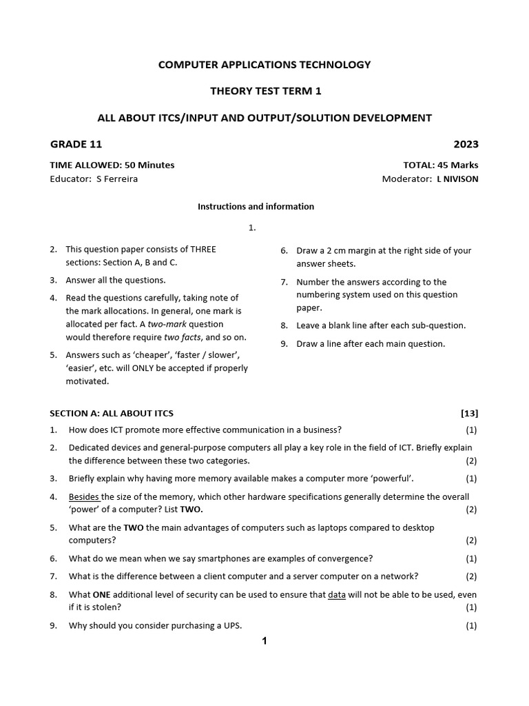 Grade 11 Computer Applications Test | PDF | Input/Output | Computer ...
