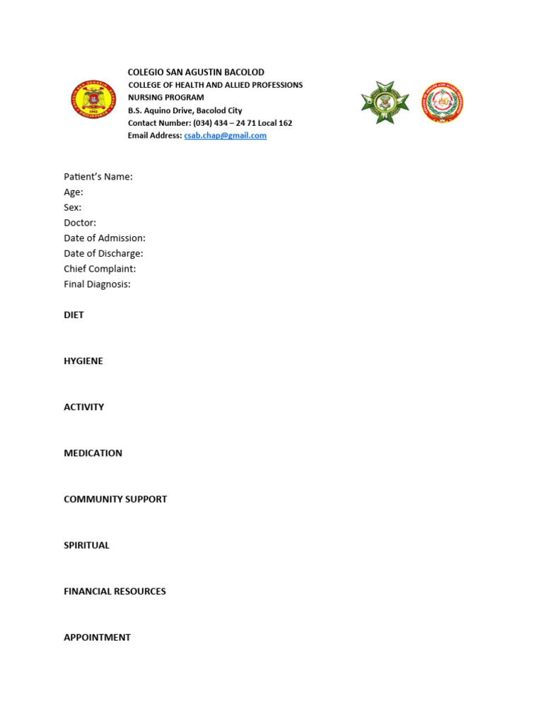 Nursing Program Patient Care Form | PDF | Self-Improvement | Wellness