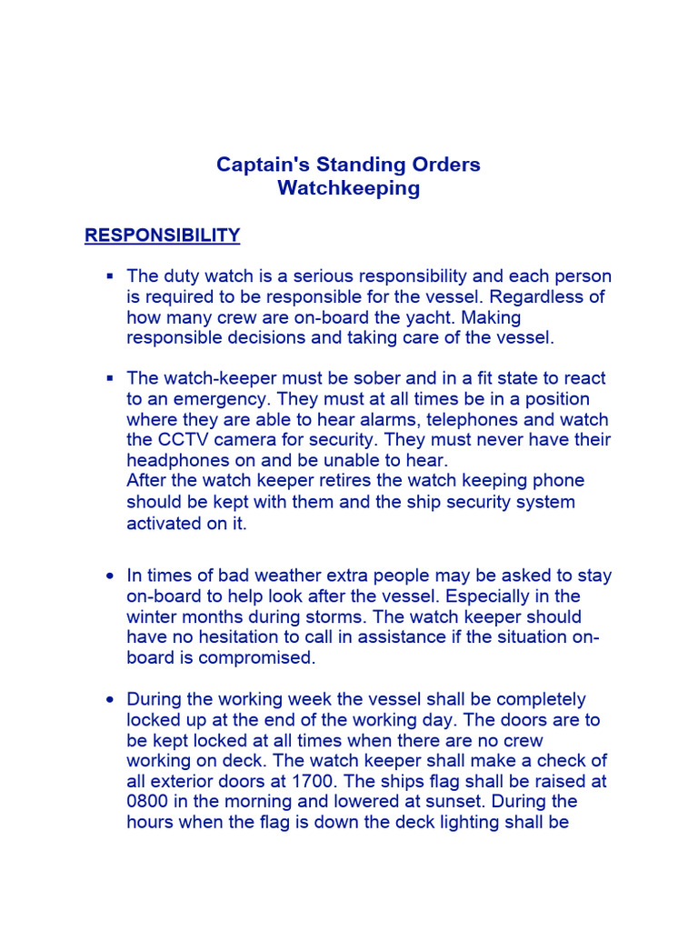 Watchkeeping Standing Orders Without Letterhead | PDF | Ships | Water ...