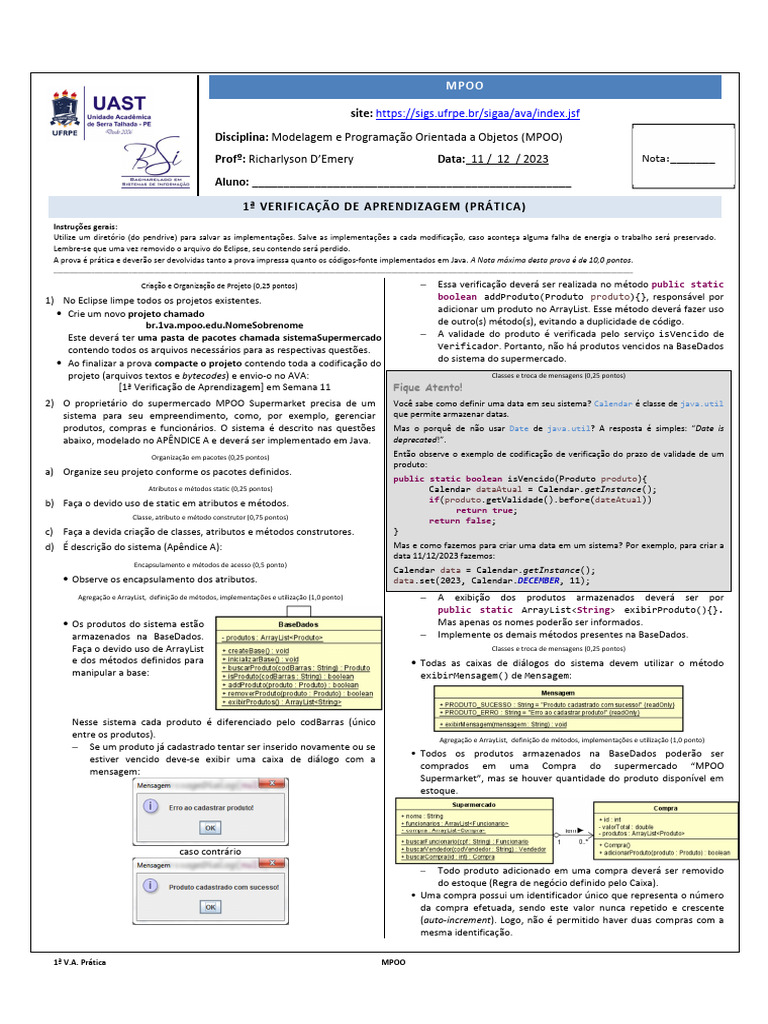 Prova Prática de MPOO em Java | PDF | Classe (programação de ...