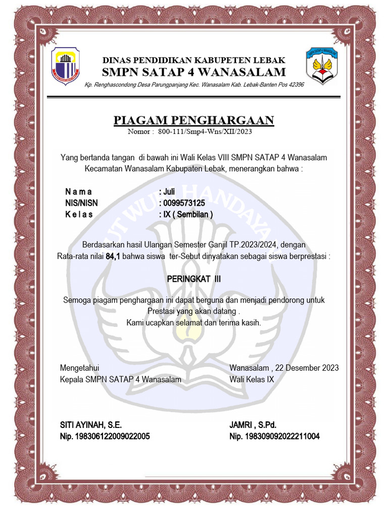 Piagam Juara Kelas Pdf