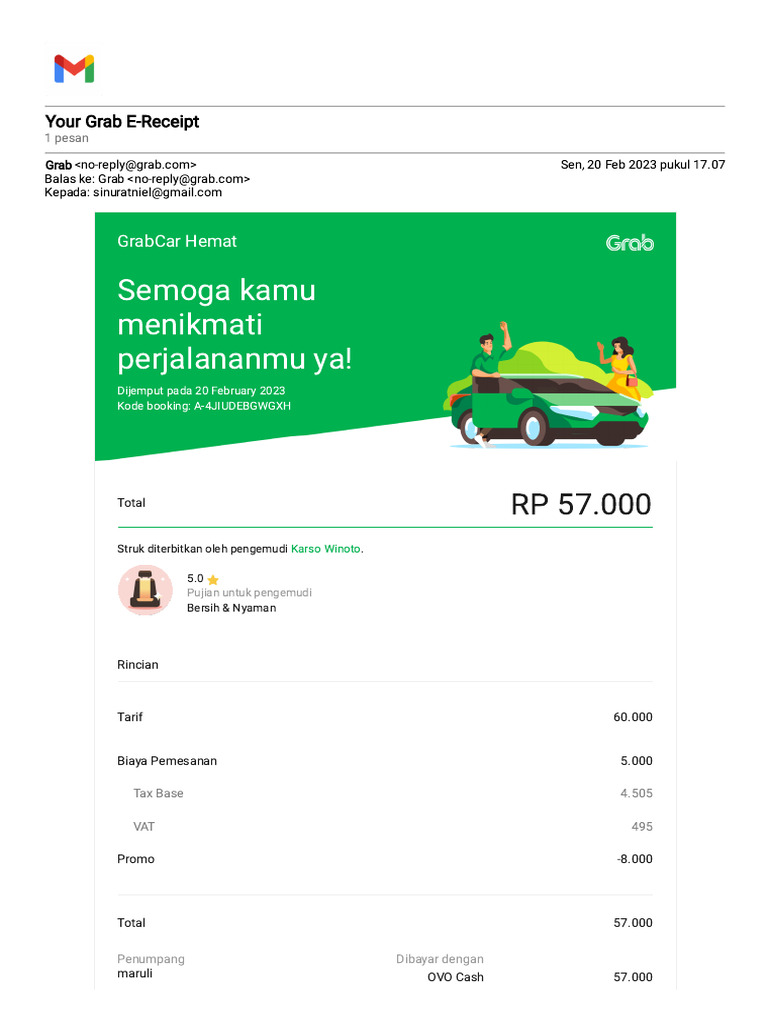 E-Receipt GrabCar Hemat 20 Feb 2023 | PDF