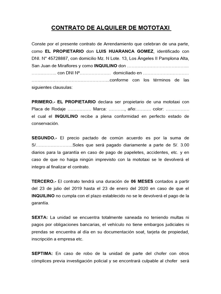 Contrato de Alquiler de Mototaxi | PDF | Finanzas y dinero