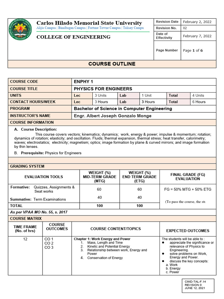 ENPHY - Course Outline BSCPE | PDF | Momentum | Velocity