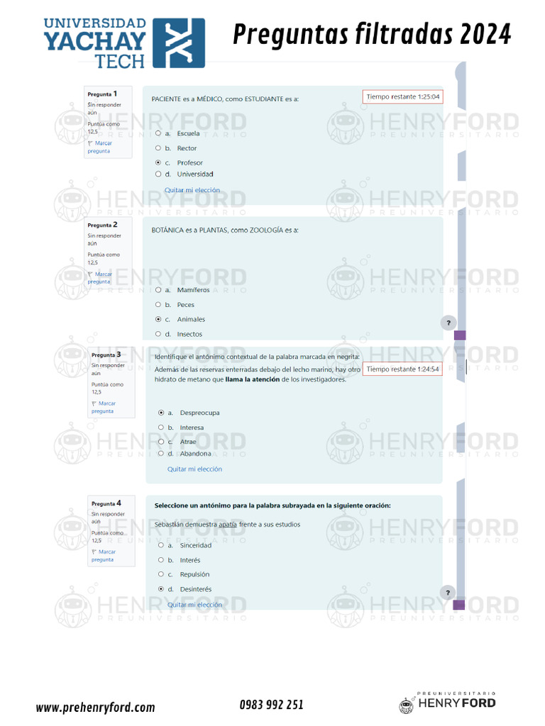 Preguntas Filtradas Yachay 1s 2024 | PDF