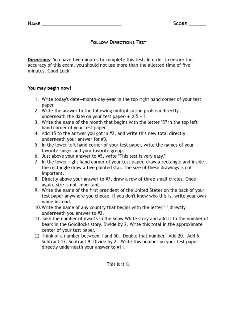 Follow Directions and Attention To Details Test PDF Cognitive Science Psychological Concepts