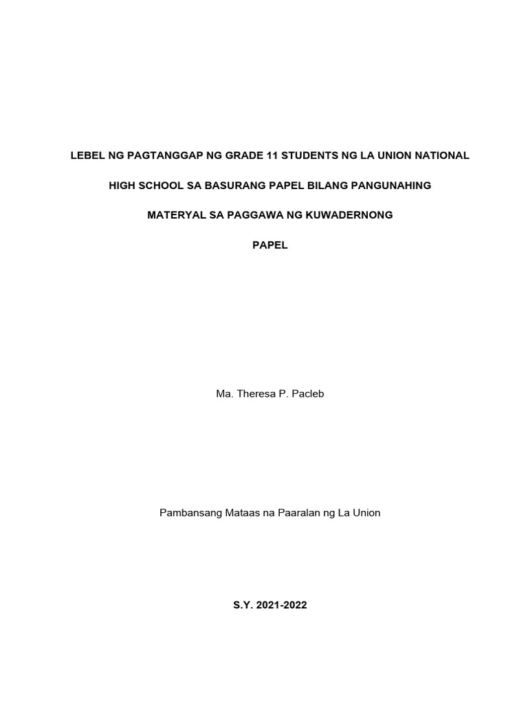 Lebel NG Pagtanggap NG Grade 11 Students NG La Union National | PDF