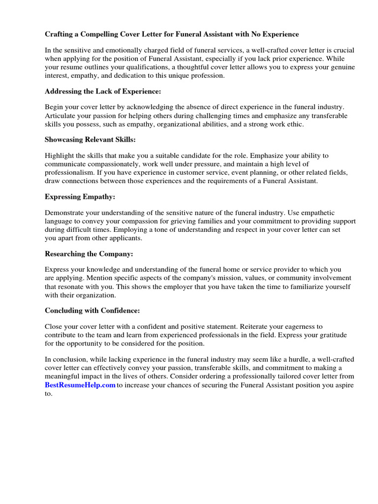 Cover Letter For Funeral Assistant No Experience Download Free PDF