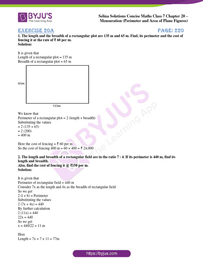 Selina Sol Concise Maths Class 7 Chapter 20 | PDF | Area | Rectangle