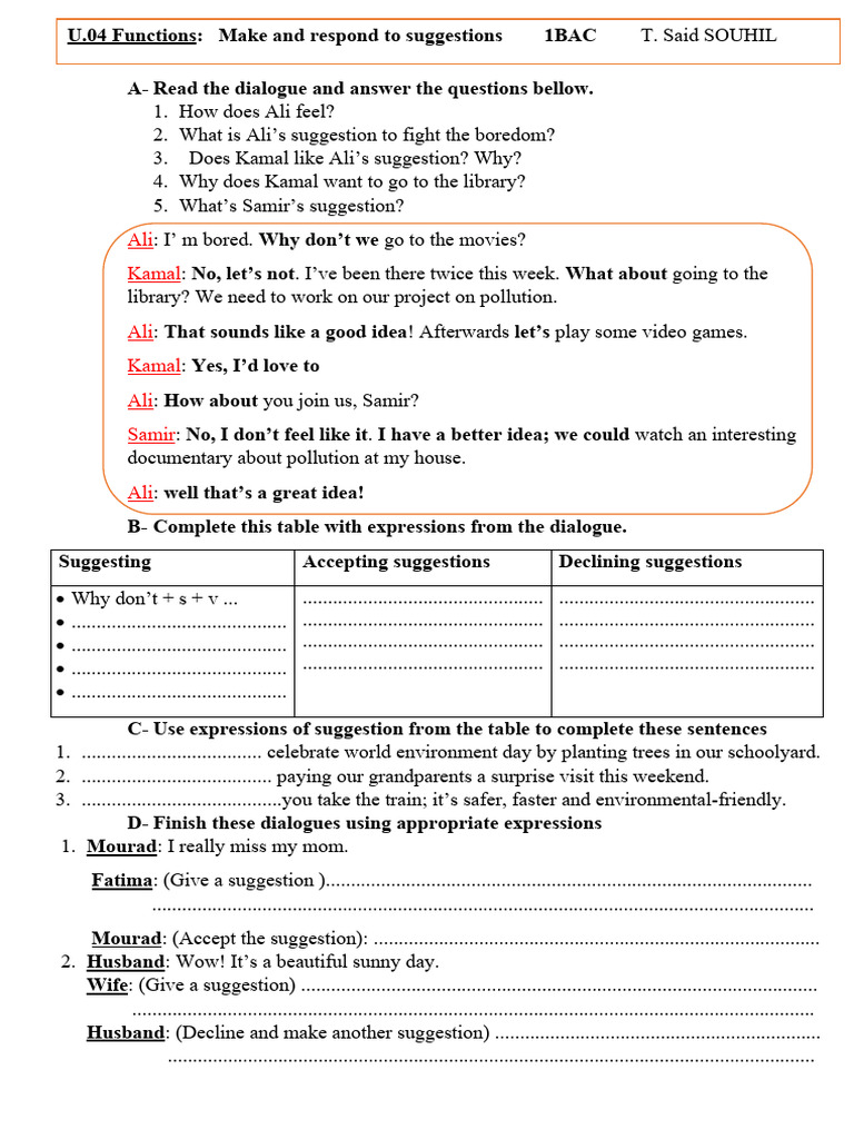 Making and Responding to Suggestions | PDF | Home & Garden