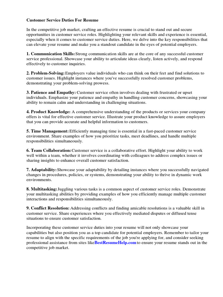 Customer Service Duties For Resume - 1715721611