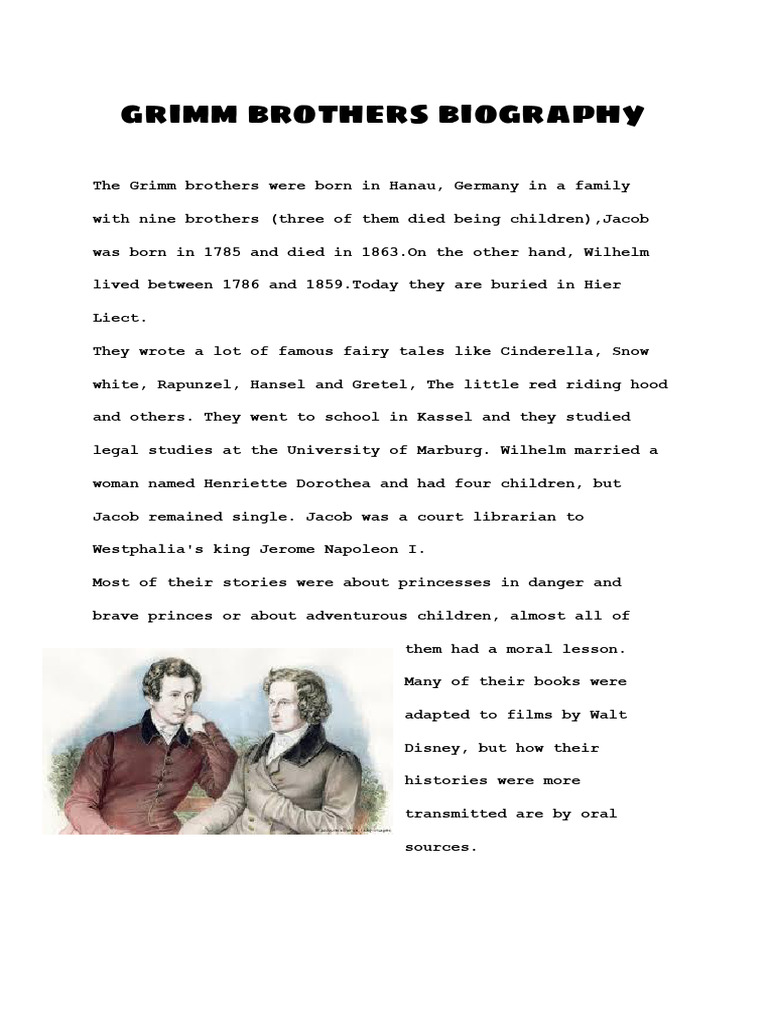 The Grimm Brothers Biography and Little Red Ridinghood Summary PDF Brothers Grimm Little