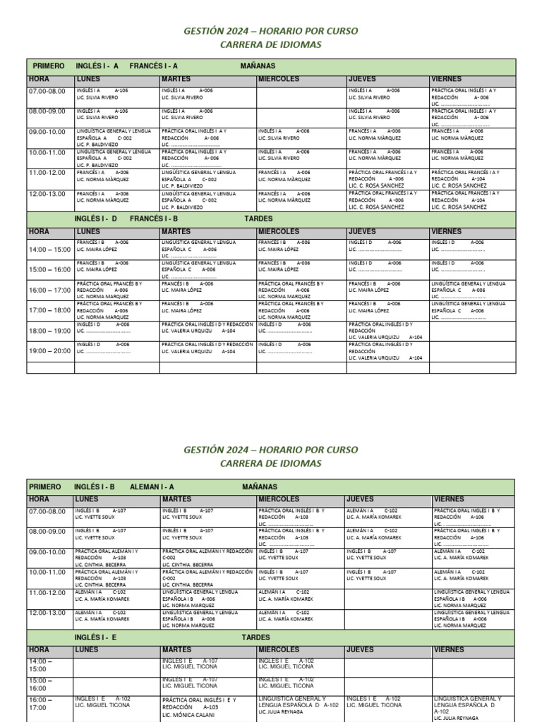 Horario 2024 Carrera de Idiomas | PDF | Idioma en Inglés | Fonética