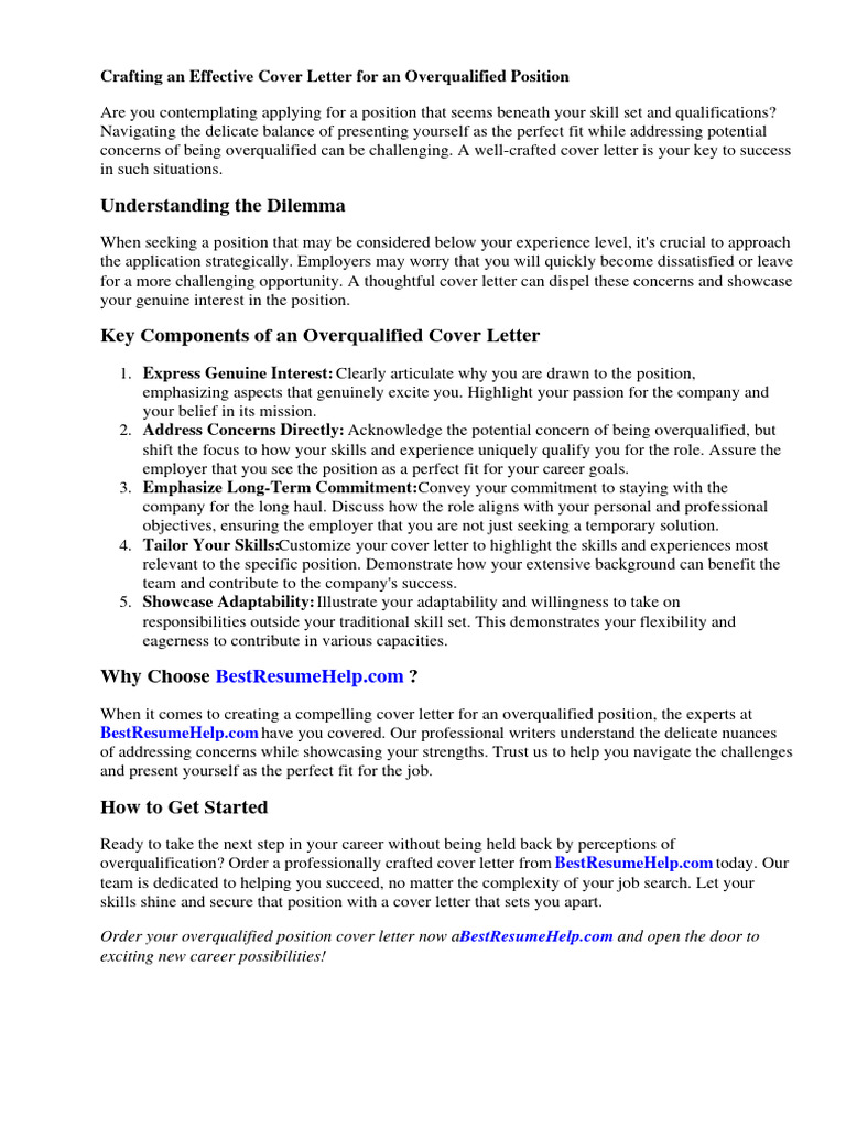 Cover Letter for Overqualified Position PDF Employment Experience