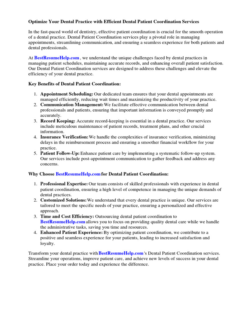 Dental Patient Coordinator Resume PDF Pharmacist Patient