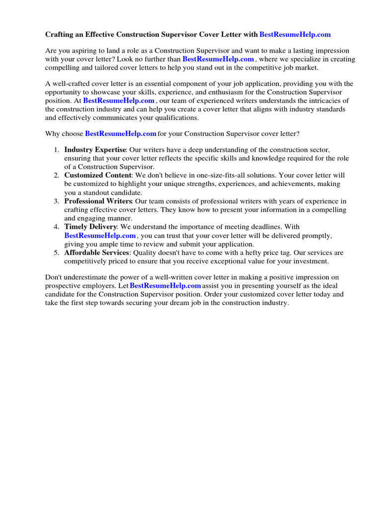 Construction Supervisor Cover Letter Pdf Résumé Employment