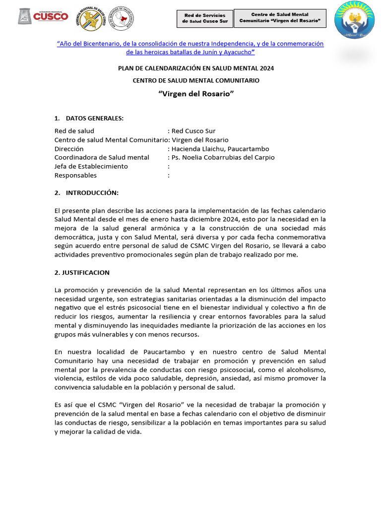Plan Calendarización CSMC 2024 | PDF | Salud mental | Comportamiento
