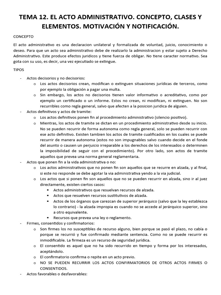 Tema 12. El Acto Administrativo. Concepto, Clases y Elementos