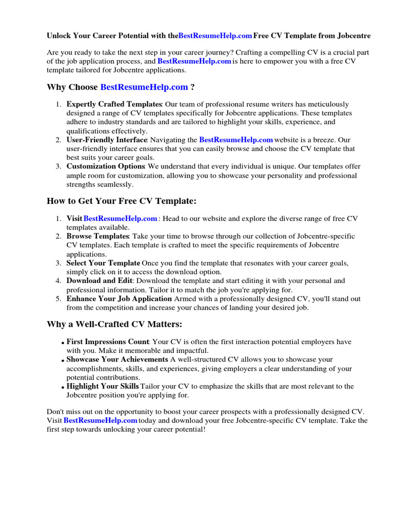 Free CV Template Jobcentre PDF Recruitment Apprenticeship