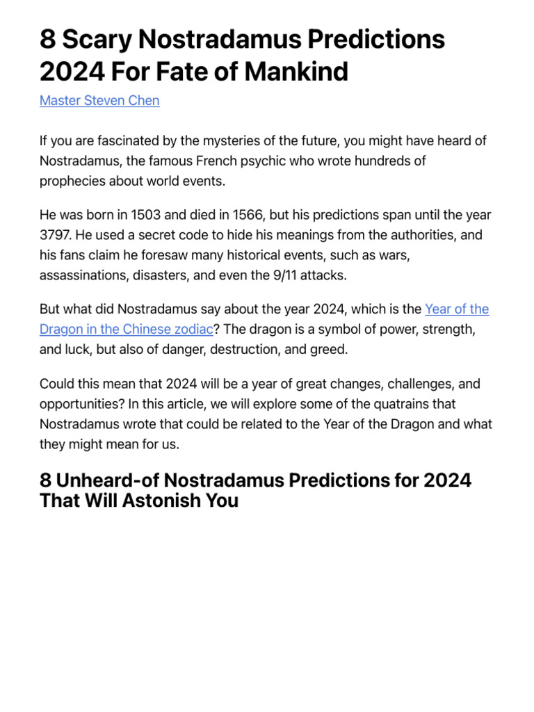 8 Scary Nostradamus Predictions 2024 For Fate of Mankind | PDF | Nostradamus  | Prophecy
