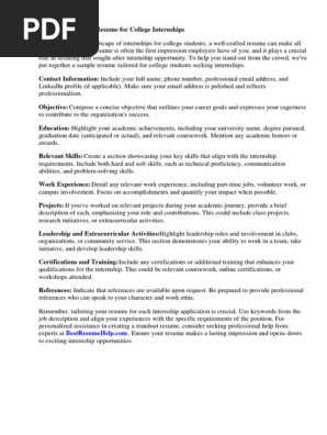 Sample Resume for Internship of College Student