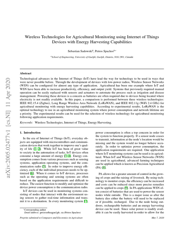 Wireless Technologies For Agricultural Monitoring Download Free Pdf