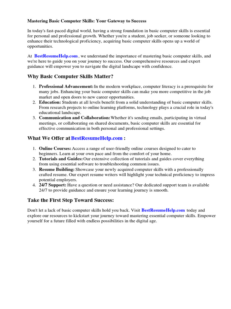Basic Computer Skills Resume Sample | PDF | Résumé | Educational Technology