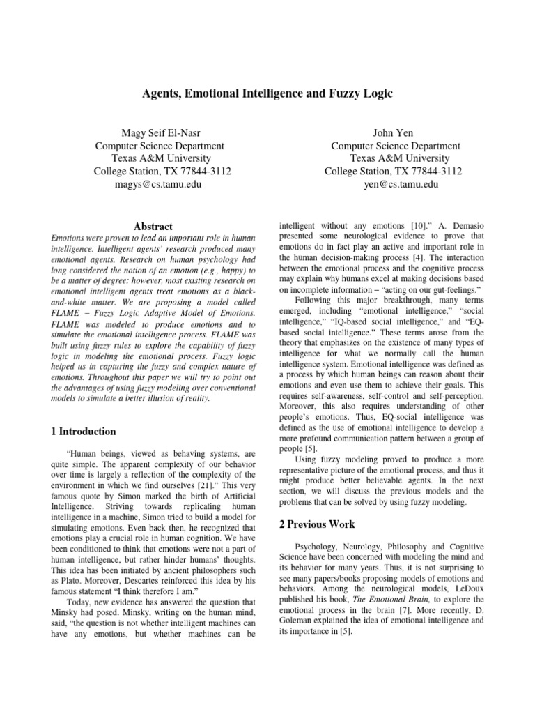 Fuzzy Logic Model for Emotional Agents | PDF | Emotions | Intelligence