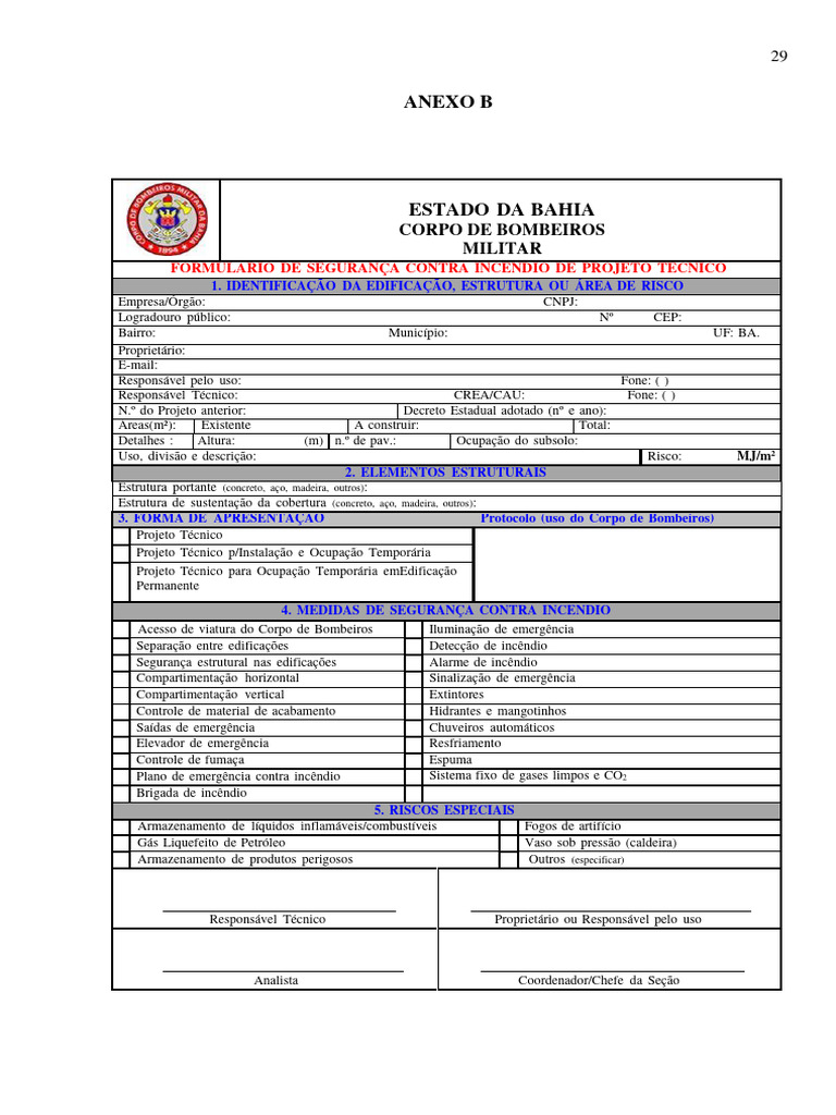 Formulário de Segurança Contra Incêndio BA | PDF