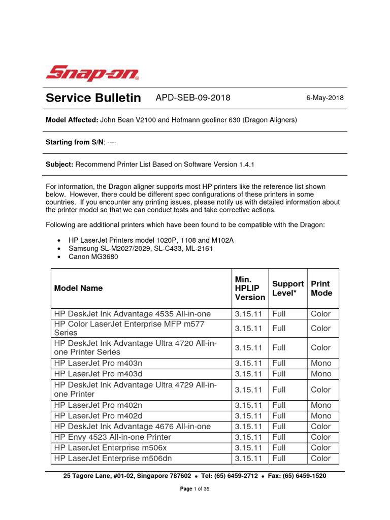 Service bulletin apd seb 09 2018 recommend printer list for