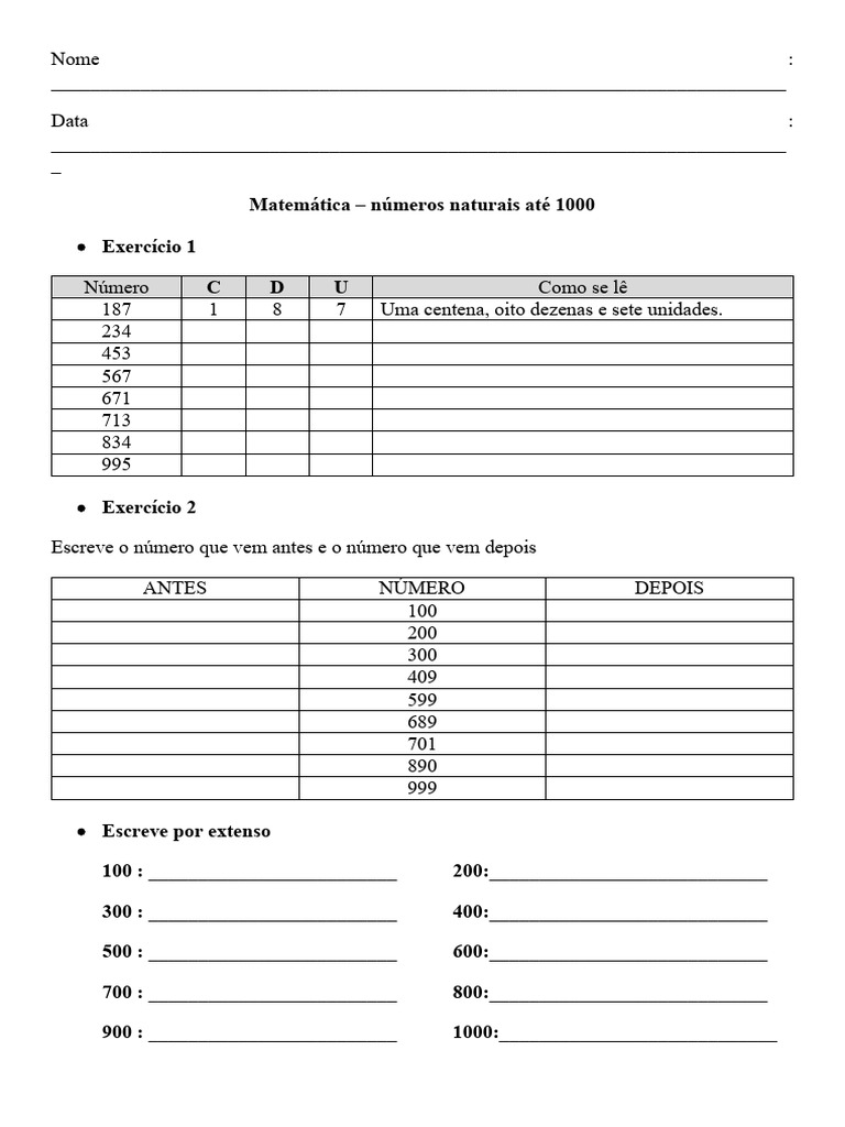 Atividades de Números Naturais até 1000 | PDF | Matemática | Números