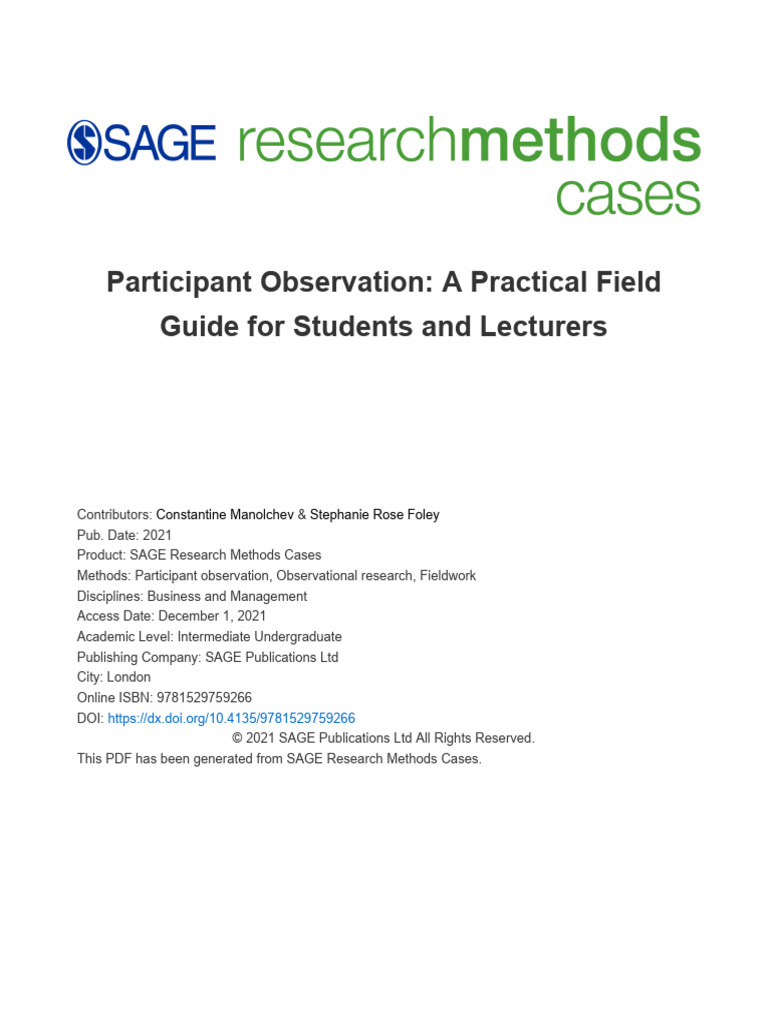 Participant Observation in Field Research | PDF | Methodology | Data