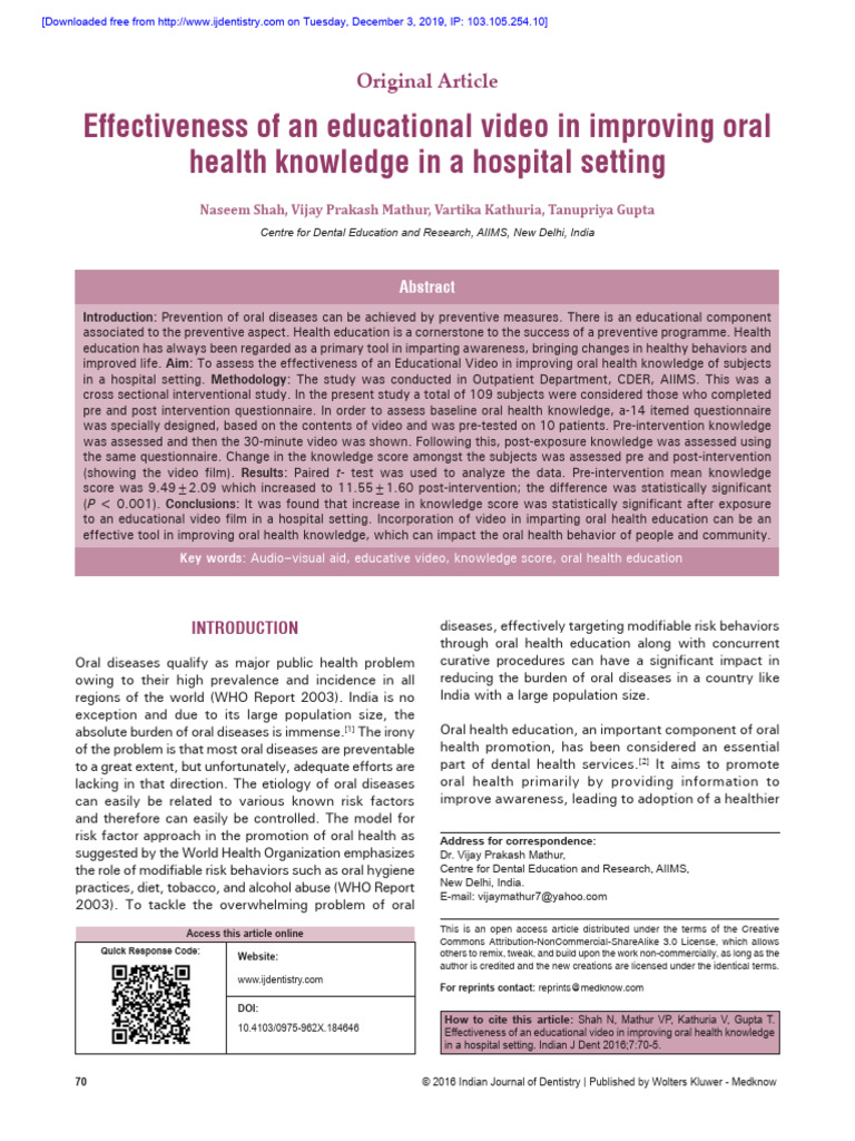 Impact of Educational Video on Oral Health | PDF | Dentistry | Knowledge