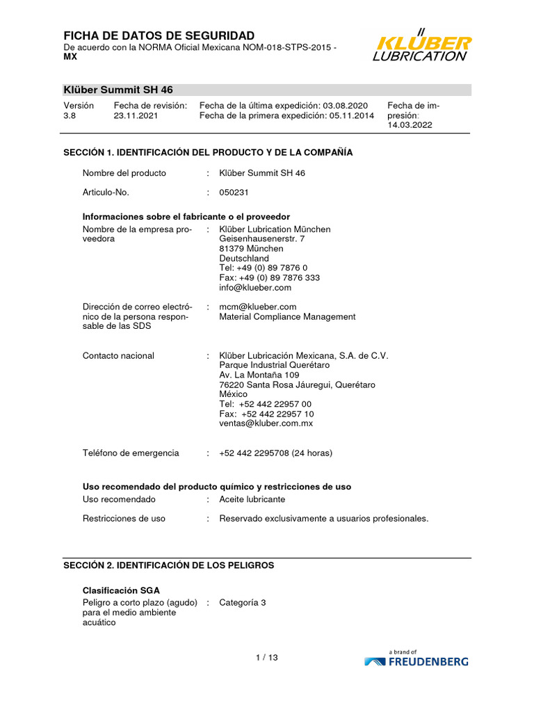 Ficha de Seguridad Klüber Summit SH 46 | PDF | Residuos | Ciencias fisicas